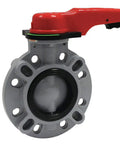 4 Inch CPVC Butterfly Wafer Valve With EPDM Liner, 8 Bolt Holes, One Quarter Inch Lug, Lever Handle, ISO Certified, 30 To 195 F Temperature Range, CPVC Disc And Body, Max Vacuum 29.9 In Hg, Great For Water Lines, front view