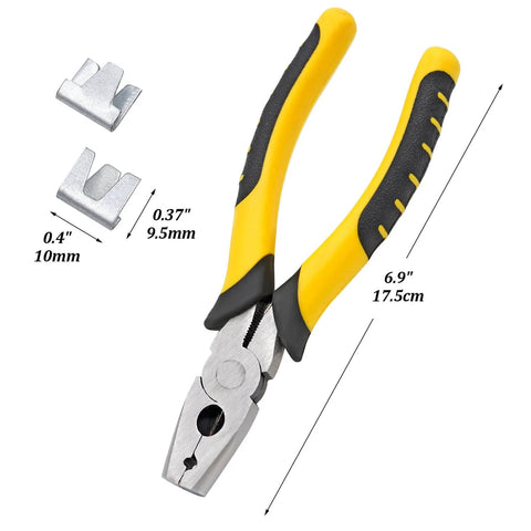 Yellow and black pliers with metal clips from 900 Piece Wire Cage Clips Kit With 1 Snap Plier For Chicken Coops And Pet Cages Hog Ring Pliers Set For Dogs Cats Birds Easy To Install No Fuss Clamp Fastening In Home Barn Or Farm Use
