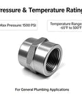 Badass Heavy Duty Two Pack One Half Inch Hex Coupling Npt Female To Female Pipe Connector 304 Stainless Steel Rust Resistant Adapter shown with pressure ratings.