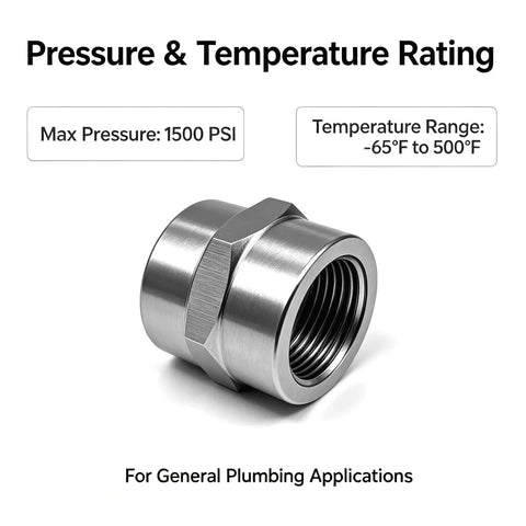 Badass Heavy Duty Two Pack One Half Inch Hex Coupling Npt Female To Female Pipe Connector 304 Stainless Steel Rust Resistant Adapter shown with pressure ratings.