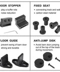 Sliding Barn Door Hardware Kit With J Shaped Hangers For 4 To 9.6 Ft Double Doors showing parts including stoppers and guides.