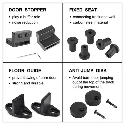 Components of Heavy Duty Sliding Barn Door Hardware Kit for 4 to 9.6 Foot Double Doors with black steel door stoppers, floor guides, anti-jump disks, and fixed seats.