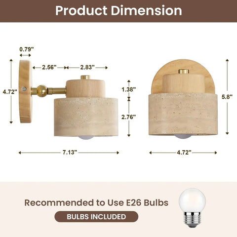 IPEDWO Yellow Travertine Wall Sconce with Natural Wood, 4.7" Single Sconce product dimensions showing sizes and angles.