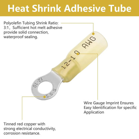 12-10 AWG yellow marine-grade heat shrink ring terminal from 100 Piece All In One Heat Shrink Ring Connectors Kit.
