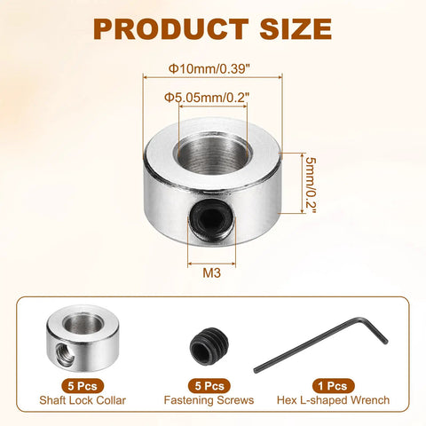 Beefy 5 Pack Shaft Lock Collar With Screw Lock Ring, 5.05 mm Bore, 10 mm Outer Diameter, 5 mm Height, Steel Construction, Built For 3D Printers And CNC Machines, Precision Axial Locking Component In Silver, with M3 screw and wrench