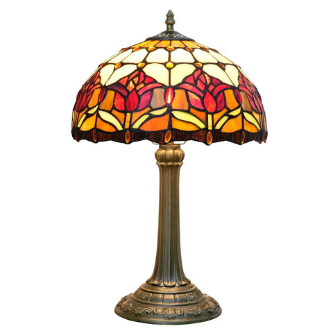 Red Tulip Tiffany Style Stained Glass Table Lamp with a 12 inch lampshade featuring a vibrant tulip pattern on a detailed base.
