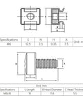 Rack Mount Screw Cage Nut Kit M6x16mm, 50 Full Sets For Quick Install, Pro Grade Rack Hardware For Easy Server Cabinet And Network Rack Mounting, Standard Size Fits Most Racks, Includes Screws, Cage Nuts, And Washers. M6 cage nut and M6x16 screw dimensions diagram