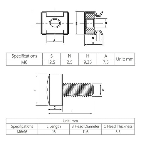 Rack Mount Screw Cage Nut Kit M6x16mm, 50 Full Sets For Quick Install, Pro Grade Rack Hardware For Easy Server Cabinet And Network Rack Mounting, Standard Size Fits Most Racks, Includes Screws, Cage Nuts, And Washers. M6 cage nut and M6x16 screw dimensions diagram