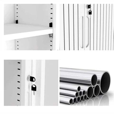 Sliding Door Metal Filing Cabinet With Key Lock, Four Shelves, Home Office Storage showing door locks and shelf.
