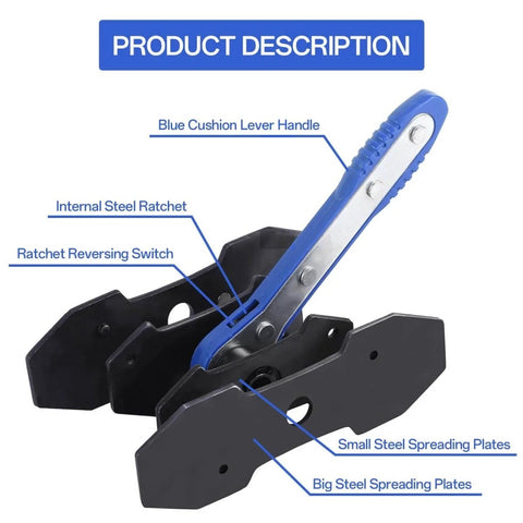 Pro Grade Car Brake Caliper Piston Press Tool Set With Ratcheting Spreader Four Hangers And 360 Degree Caliper Press Ratchet showing steel ratchet and handle