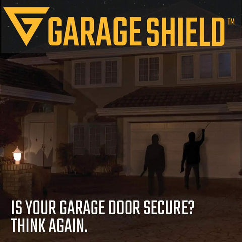 Garage Shield advertisement displaying shadowy figures near a garage, emphasizing the need for home protection against break-ins.