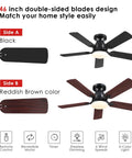 46 Inch Black Ceiling Fan With Lights And Remote, Low Noise Flush Mount Modern Low Profile Ceiling Fan With Dimmable Light And Reversible Blades For Bedroom Indoor Outdoor Use showing black and reddish-brown reversible blades