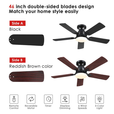 46 Inch Black Ceiling Fan With Lights And Remote, Low Noise Flush Mount Modern Low Profile Ceiling Fan With Dimmable Light And Reversible Blades For Bedroom Indoor Outdoor Use showing black and reddish-brown reversible blades