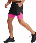 Man wearing Two In One Men's Running Shorts With Liner, Quick Dry Athletic Shorts for Workouts with zip pockets, black and pink.