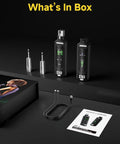 Box contents showing 2.4GHz Wireless XLR Transmitter And Receiver Set For Live Shows And Studio Use, cables, and manual.