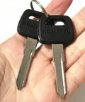 Heavy Equipment Keys 2 Pack For Forklifts And Equipment Compatible With Kalmar Dressta Sakai Forklifts Budget Friendly OEM Quality At A Fraction Of The Price., two Komatsu forklift keys on a ring held in hand