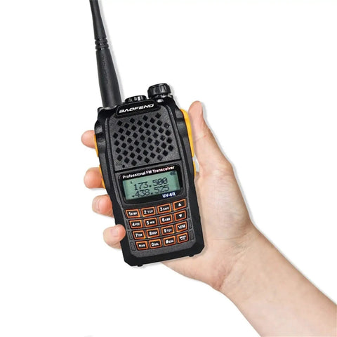 Hand holding UV-6R Ham Radio Handheld 5W Walkie Talkie For Adults with FM Transceiver, showing dual-band display and keypad.