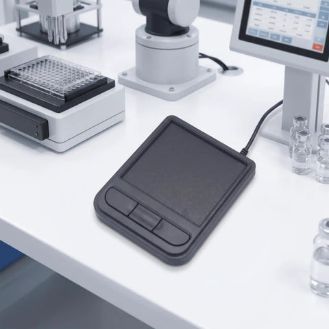 Industrial Touchpad Mouse Panel Mount Controller, Wired USB Interface With Mounting Profile, Rectangular Housing, Coiled Cable, Built For Secure Cabinet Installations And Embedded Control Panels Plug And Play Ready. Black touchpad mouse with three buttons on lab bench