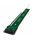 Accelerator Pro Indoor Golf Putting Mat with auto ball return, showing putter alignment guides and behind-the-hole ball collector.