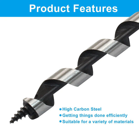 Heavy Duty Workhorse 3/8 Inch Wood Auger Drill Bit With 12 Inch Long Hex Shank For Hardwood showcasing high carbon steel material and spiral design.
