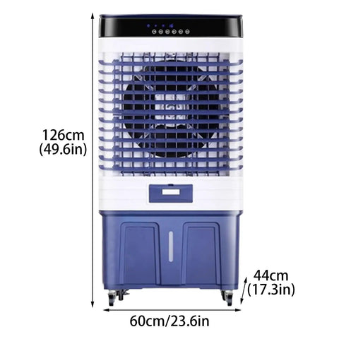 Portable Evaporative Air Cooler With Massive Water Tank And Eight Frozen Ice Packs Wide Angle Oscillating Swamp Cooler front view with dimensions.