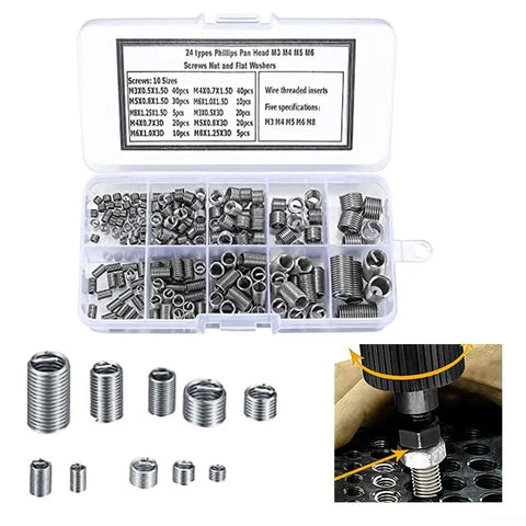 Robust 200 Piece Thread Repair Kit With Stainless Steel Inserts For Damaged Threads M3 To M8 showing assorted coil inserts