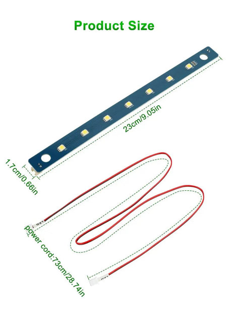 Lit 24V LED Light Kit For Adventurer 5M And 5M Pro 3D Printers showing 23 cm light board with 7 LEDs and 73 cm flexible cable