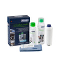 Must Have Essential Coffee Machine Maintenance Kit With BPA Free Water Filter Ion Exchange Tech Activated Carbon Plant Based Descaler For Most Espresso Machines With Filters DLSC306 Black kit box, bottles, filter, cloth, test strip
