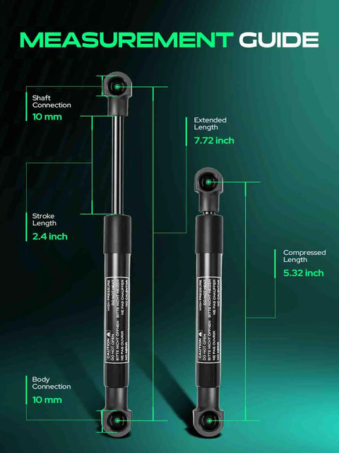 Measurement guide showing dimensions for No Sweat Rear Trunk Gas Strut Lift Supports for Porsche Boxster 1997 2004.