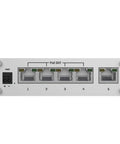 Front view of a five-port Gigabit PoE automotive Ethernet switch with plug and play setup, featuring four PoE plus ports, one non-PoE port.