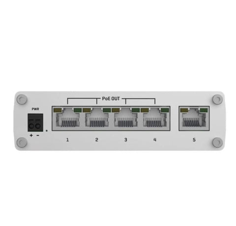 Front view of a five-port Gigabit PoE automotive Ethernet switch with plug and play setup, featuring four PoE plus ports, one non-PoE port.
