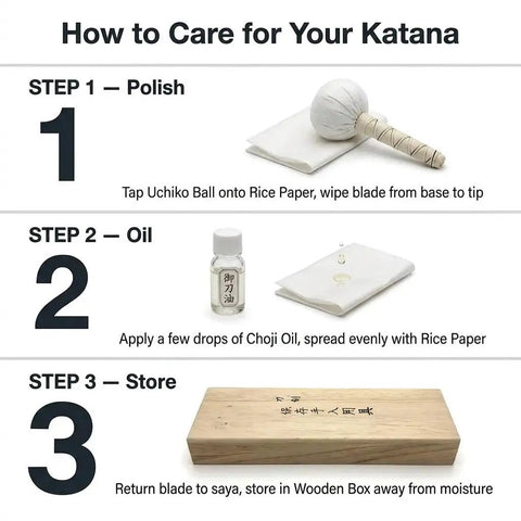 All In One Blade Cleaning And Maintenance Kit for Japanese Sword Care steps with Uchiko Ball, Choji Oil, Rice Paper, and Box