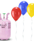 Front view of pink Joycoya 7L helium tank with regulator and three latex balloons attached (red, blue, yellow).