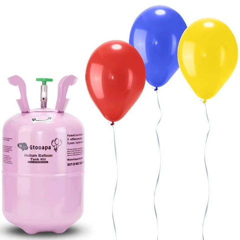 Front view of pink Joycoya 7L helium tank with regulator and three latex balloons attached (red, blue, yellow).