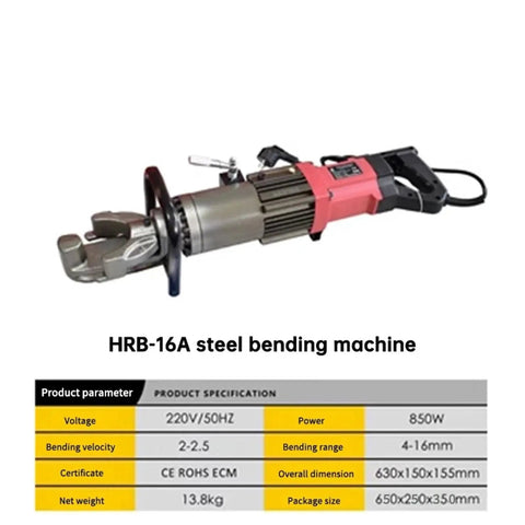 Portable Electric Hydraulic Rebar Cutter And Bender For Steel Bars Up To 16mm, HRB-16A steel bending machine with metallic finish.