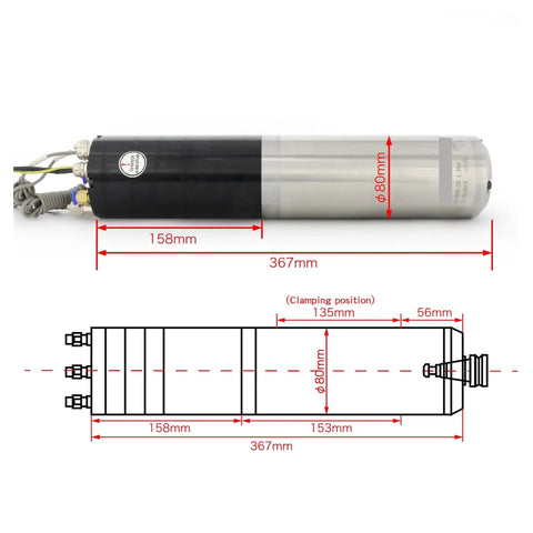 Top Shelf Automatic Tool Changer Water Cooled Spindle Motor With Iso20 Taper 1.8kw Motor dimensions and design image.