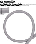 Closeup of 4-Foot Half Inch Electrical AC Whip Kit With Durable Nylon Liquid Tight Flexible Conduit, includes conduit size details.