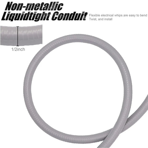 Close-up of non-metallic 1/2 inch liquid-tight conduit from Six Foot 1/2 Inch Electrical A C Whip Kit With Nonmetallic Liquid Tight Flexible Conduit, 10 Gauge Three Conductor Wires And Straight Plus 90 Degree Fittings For Heavy Duty Indoor Outdoor Use.
