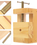Mini Wood Carving Clamp Bench Vise for Engraving and Whittling, tiny but mighty grip showing wood texture and screw details