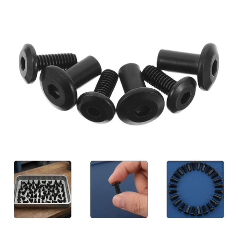 Black Furniture Connector Bolts And Barrel Nuts 40 Piece Kit For Rock Solid Bed Frame And Cupboard Assembly with bolts shown.