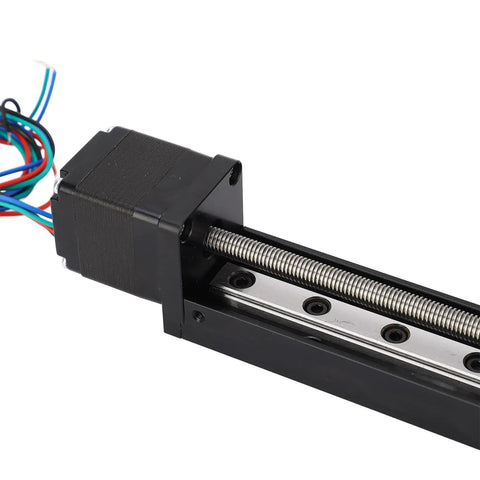 Heavy Duty Linear Stage Actuator With 200mm Stroke And T6x1 Lead Screw Stepper Motor Driven Rail Guide assembly showing motor and lead screw.