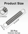 Top Grade 20-Pack Extension Springs 0.02 By 0.16 By 0.98 Inches showing size details and 304 stainless steel material.