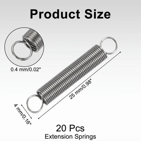 Top Grade 20-Pack Extension Springs 0.02 By 0.16 By 0.98 Inches showing size details and 304 stainless steel material.