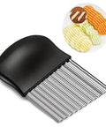 Crinkle cutter with black handle and parallel stainless steel blades for crinkle fries; front view.
