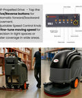 Self Propelled 22 Inch Walk Behind Floor Scrubber Dryer With Forward And Reverse Drive, Adjustable Speed, warehouse use.