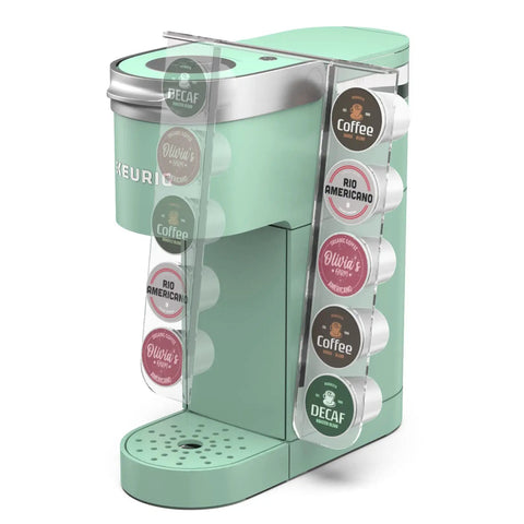 Keurig K Mini Cup Organizer Holder Holds 10 Pods Space Saving Acrylic Rack For Single Serve Coffee Makers Fits K Mini And K Mini Plus Keeps Counter Clean And Tidy On Countertop next to green coffee maker