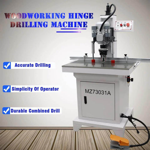 Front view of white woodworking hinge drilling machine with pneumatic drill, model MZ73031A and foot pedal.