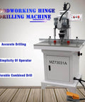 Front view of INTBUYING pneumatic hinge boring machine; white woodworking drill press with orange foot pedal.