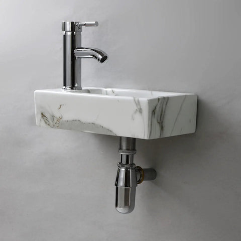 Compact White Ceramic Wall Mounted Sink For Small Bathrooms with faucet, rectangular vitreous china wash basin, space saver
