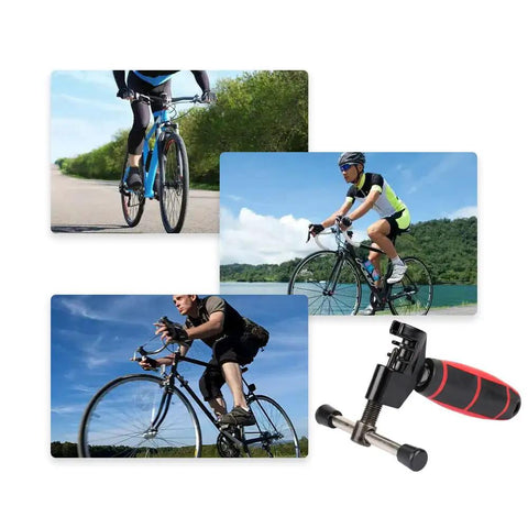 Cyclists riding road bikes with a Universal Bike Chain Tool And Breaker, handy steel chain splitter tool shown in the foreground.
